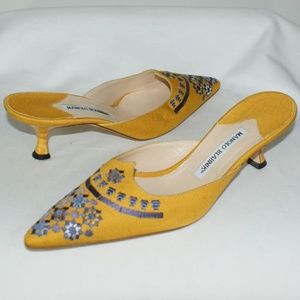 Manolo Blahnik Yellow Canvas Embroidered Mules